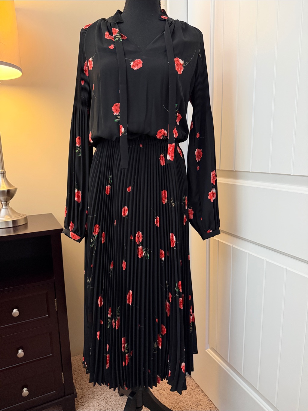 Ralph Lauren Black Midi Dress With Red Floral Print